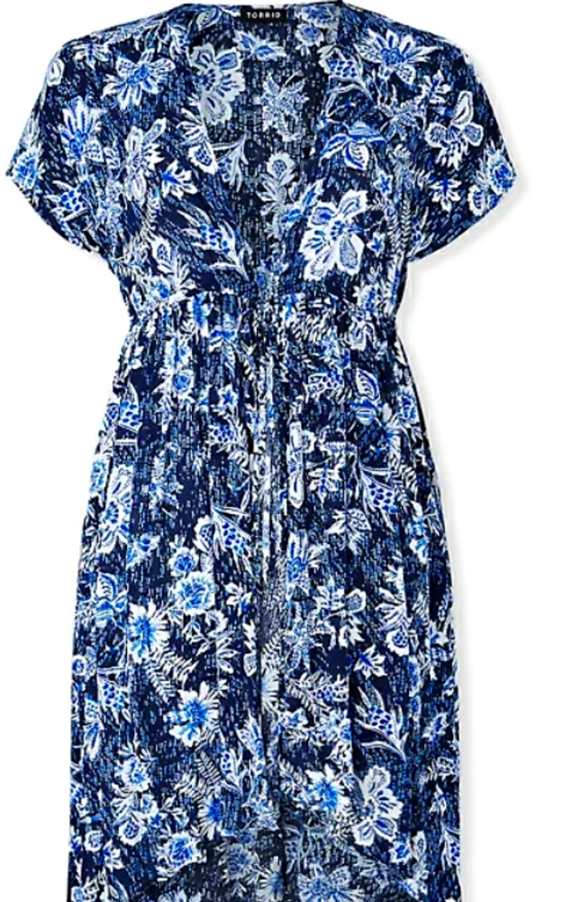 Navy Floral Crinkled Gauze Hi-Lo Kaftan